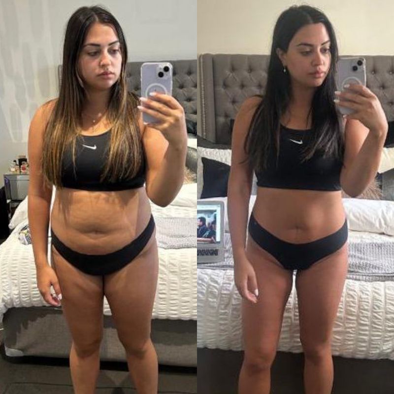 Female client mum body transformation before and after – leaner shape and reduced bloating with Strength Lab coaching