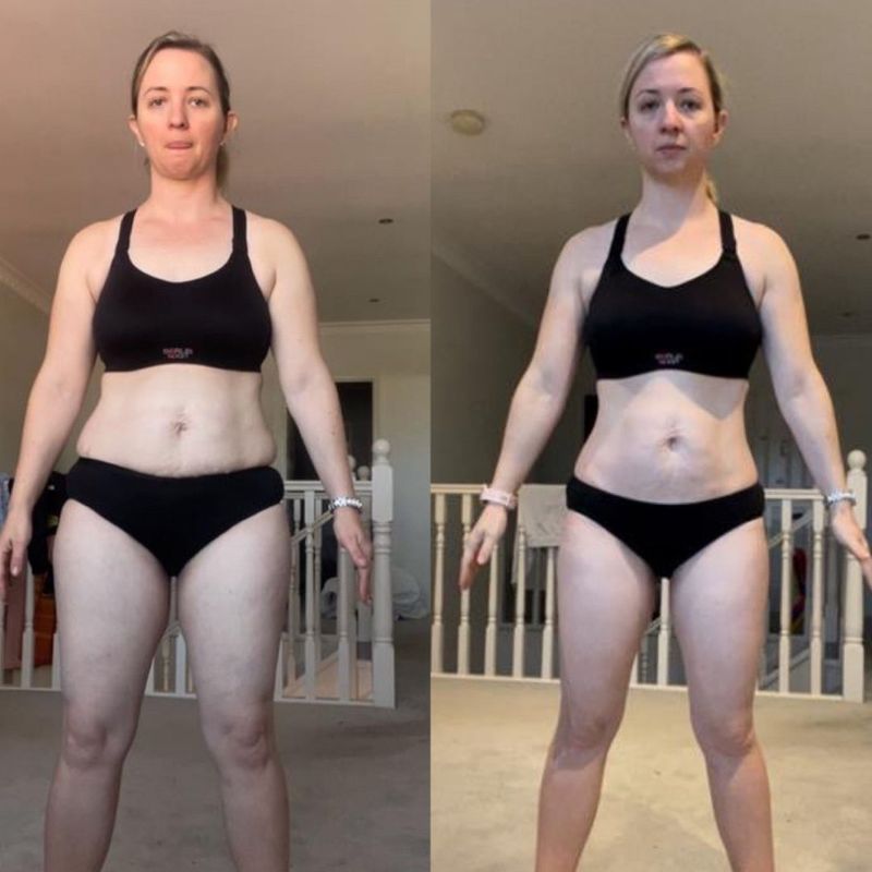 Female client postpartum body toning before and after – leaner shape and improved muscle tone with Strength Lab coaching