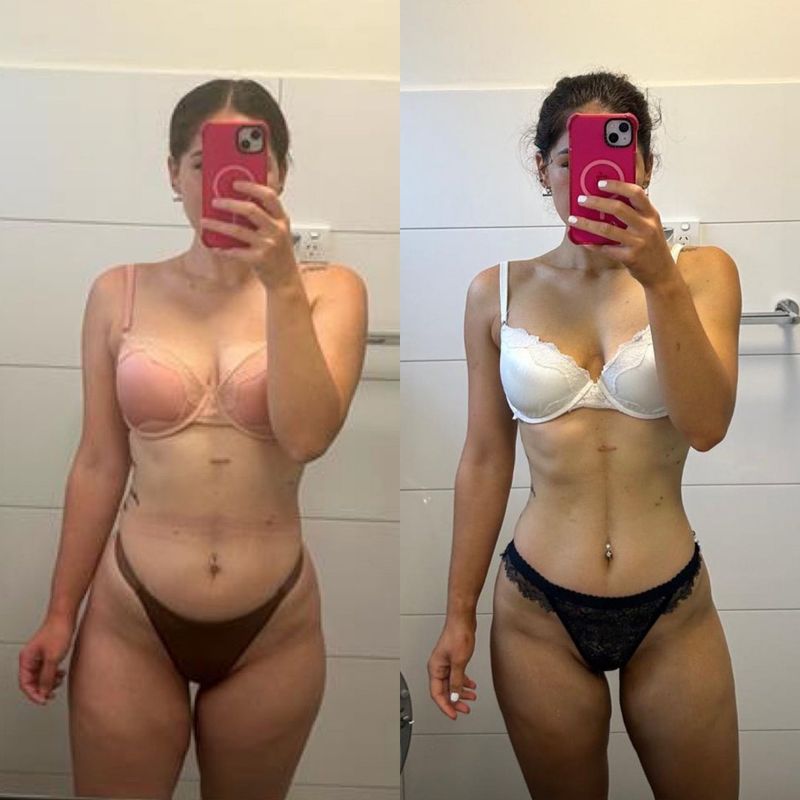 Female client rear view back fat loss before and after – reduced back and hip fat with Strength Lab coaching
