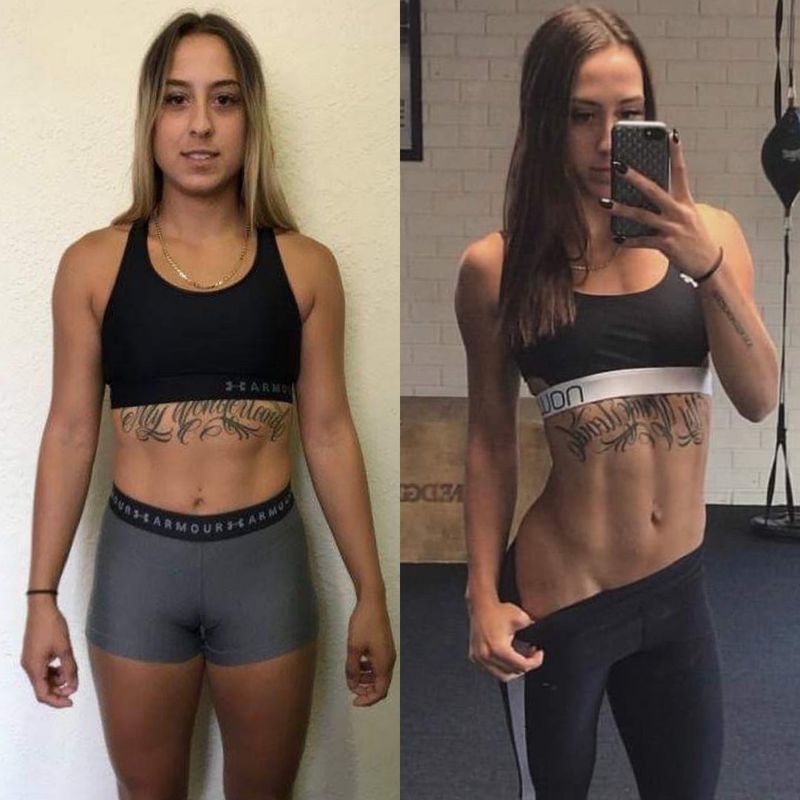 Female client side profile fat loss before and after – reduced waist and improved posture with Strength Lab coaching