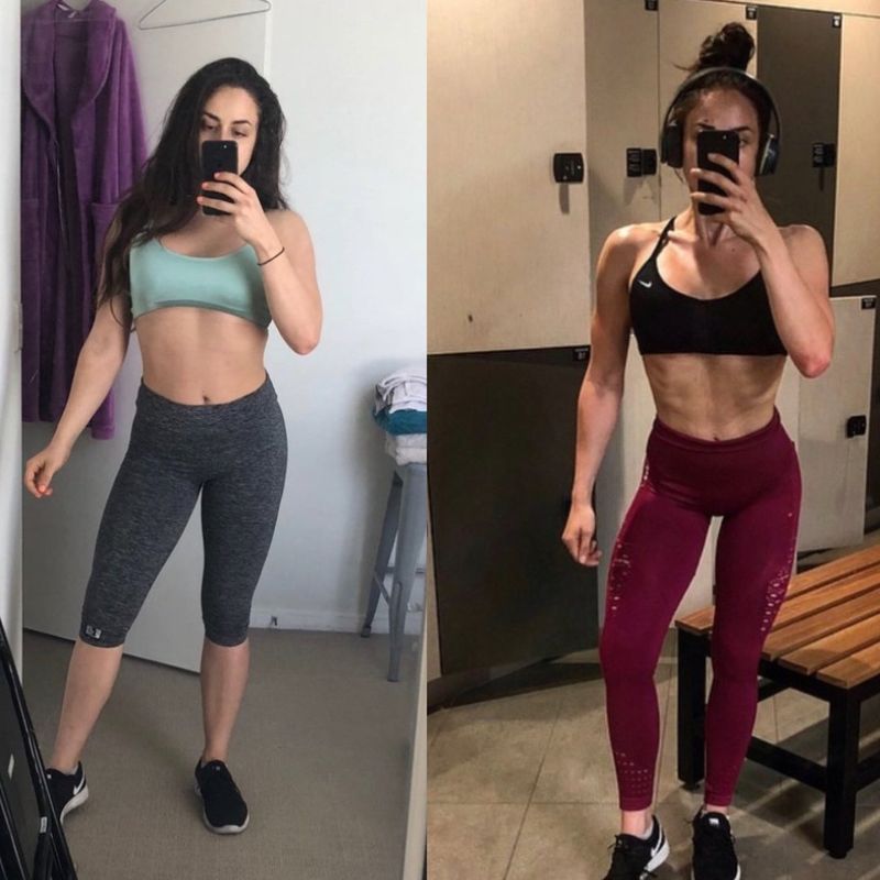 Female client side profile posture and fat loss before and after – improved body shape with Strength Lab coaching