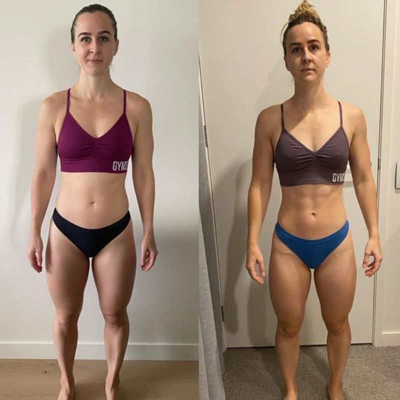Female client body recomposition before and after – improved muscle tone and definition with Strength Lab coaching