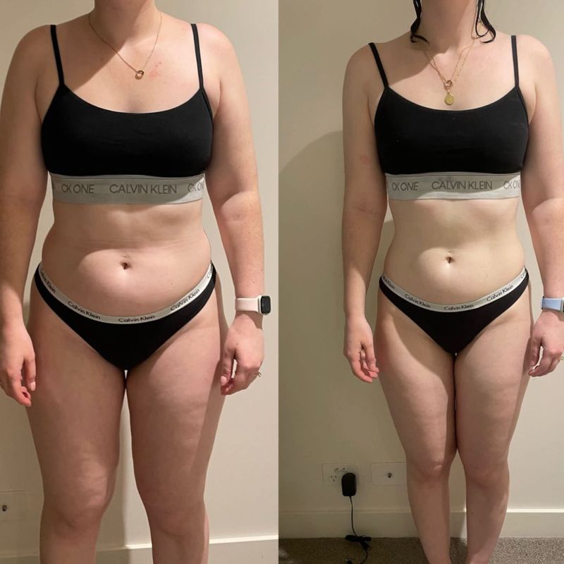 Female client postpartum body toning before and after – leaner shape and improved muscle tone with Strength Lab coaching