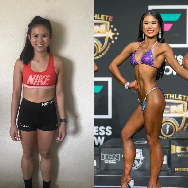 Female client bikini competition transformation before and after – from everyday physique to competition stage with Strength Lab