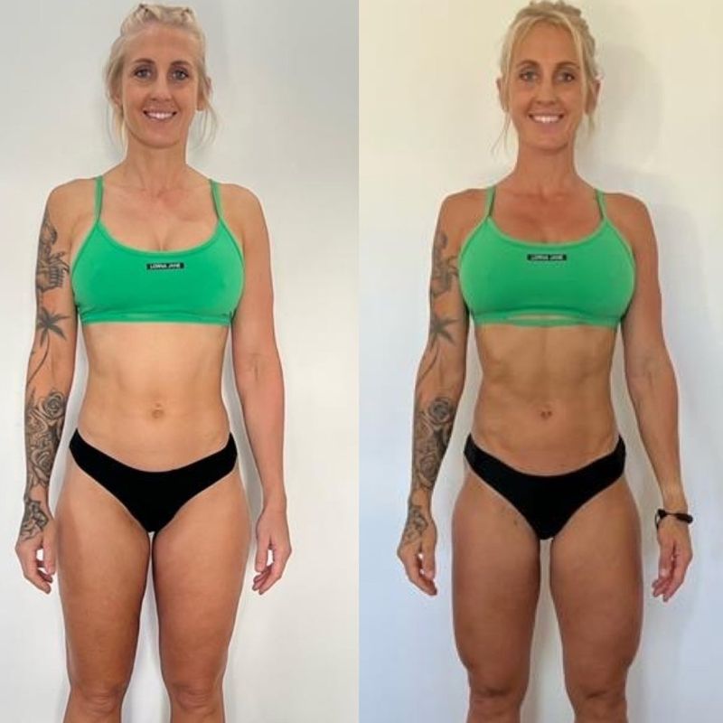 Female client weight loss transformation before and after – Strength Lab online coaching program